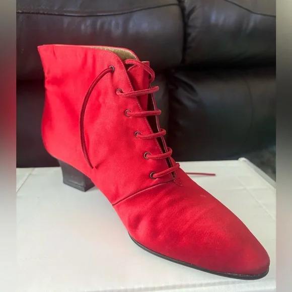 Vintage Yves Saint Laurent Red Satin Lace-Up Ankle BootsItalyBlock Heel